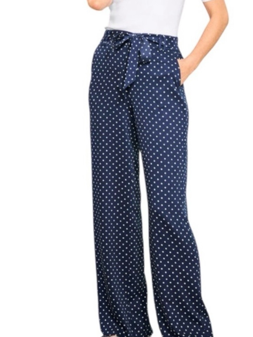 Talbots Navy Polka Dot Wide-Leg Pants with Tie Waist